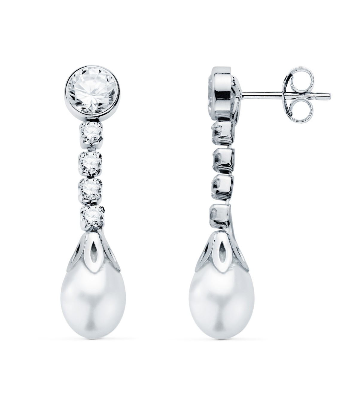 Pendientes de novia en oro blanco con perlas. Pendientes largos, chatón, elegantes. Joyería online Alda.