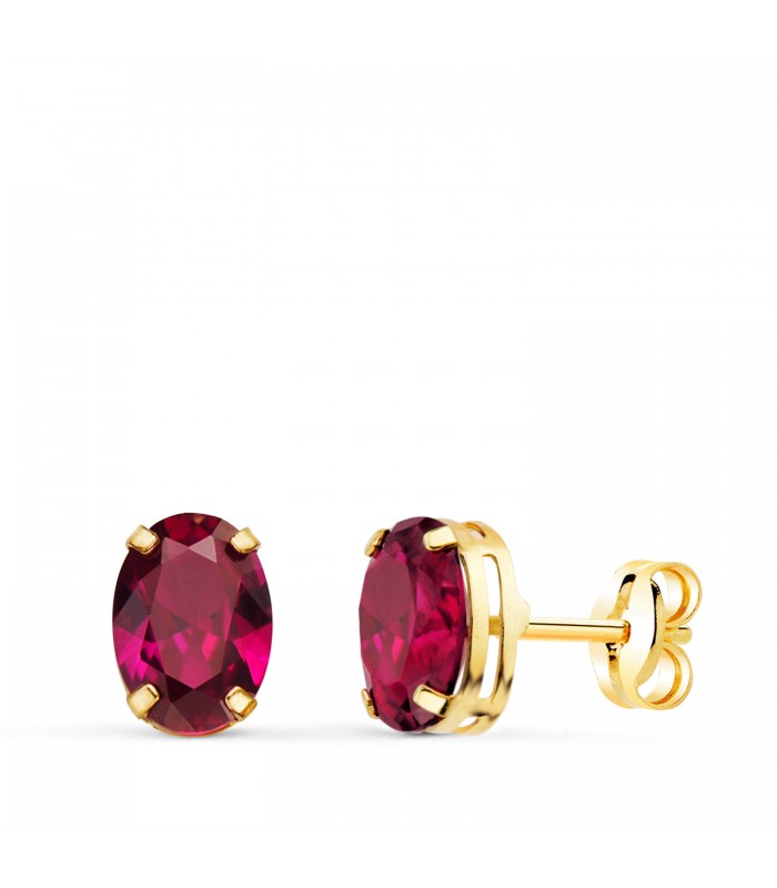Orecchini punto luce Ovale con zircone rosso, orecchini a lobo oro giallo 18 kt, da donna.