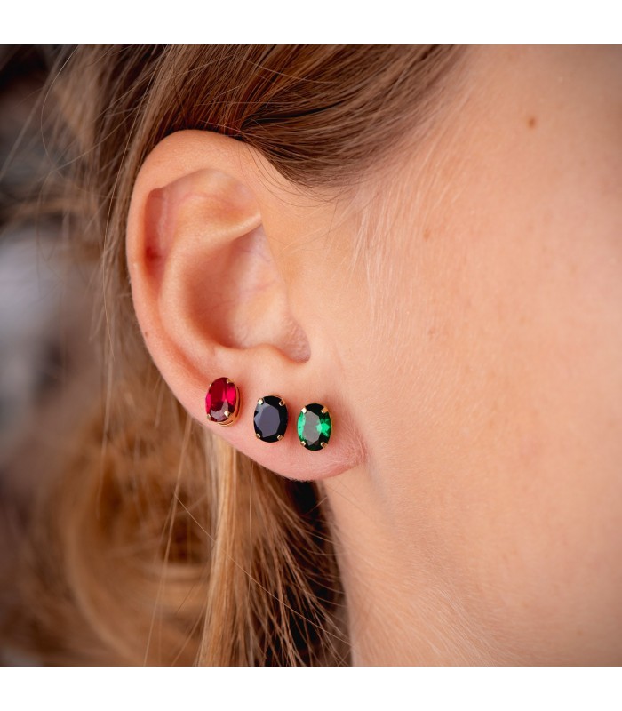 Orecchini punto luce Ovale con zircone rosso, orecchini a lobo oro giallo 18 kt, da donna.