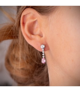 Boucles d'oreilles pour mariage en or blanc 18 carats 750/1000, pierre couleur rose morganite - Symphonia zircones
