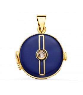 Colgante portafotos esmalte azul Oro 18K. Guardapelo, colgante cenizas.