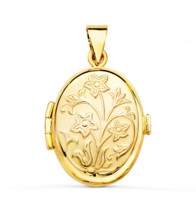 Ciondolo Portafoto ovale floreale oro giallo 18 Kt 26 mm