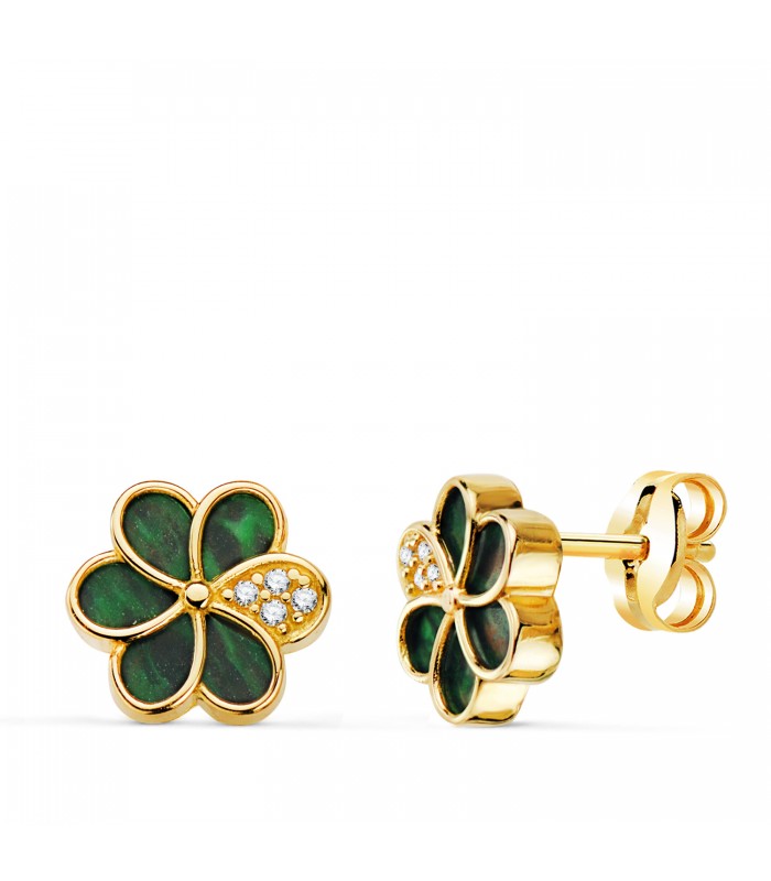 Boucle d'oreille femme avec malachite. Puces d'oreilles Mystic fleur Oro 18K 9mm