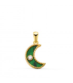 Ciondolo Luna in malachite con zirconi - Collana in oro per donna, pietra preziosa verde