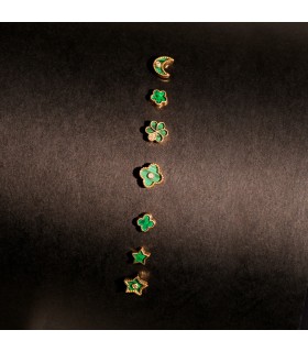 Pendientes Mystic trébol Oro 18K 9mm. Pendientes mujer pequeños cierre presión malaquita.