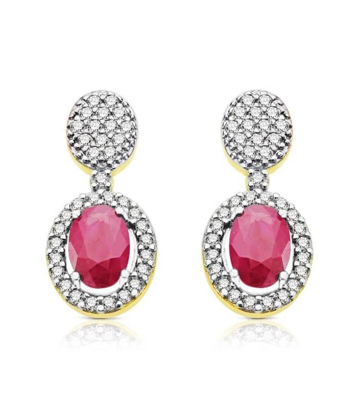 Orecchini con rubino per donna | Eleganti orecchini pendenti in oro 18 kt e pietre preziose, da sera.