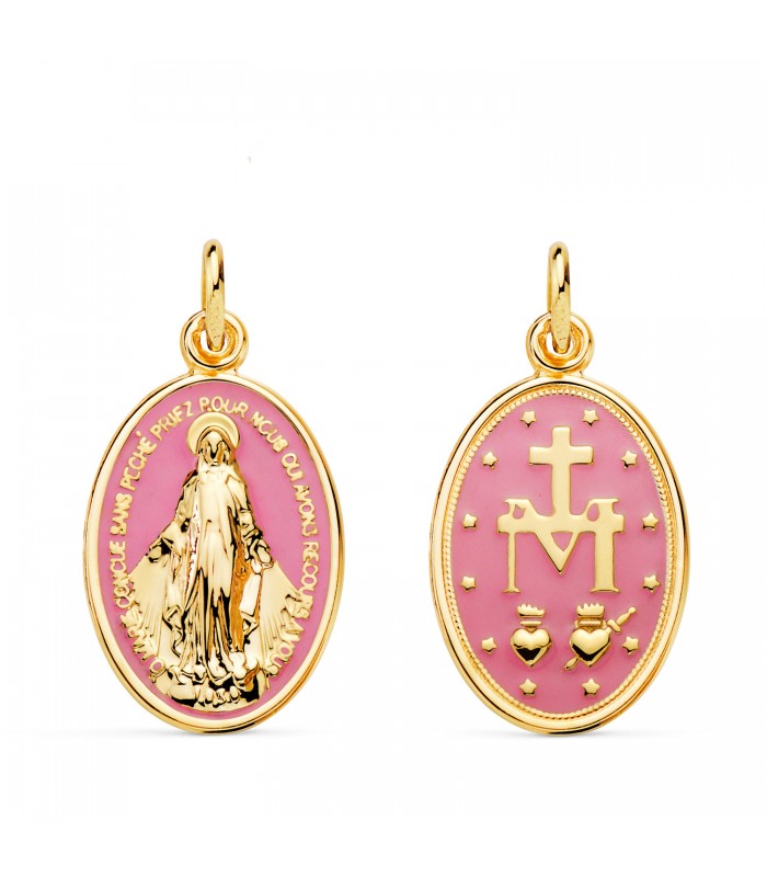 Medalla Milagrosa 18K Esmalte Rosa 20mm. Medallas religiosas, escapulario de oro. Colgantes mujer.