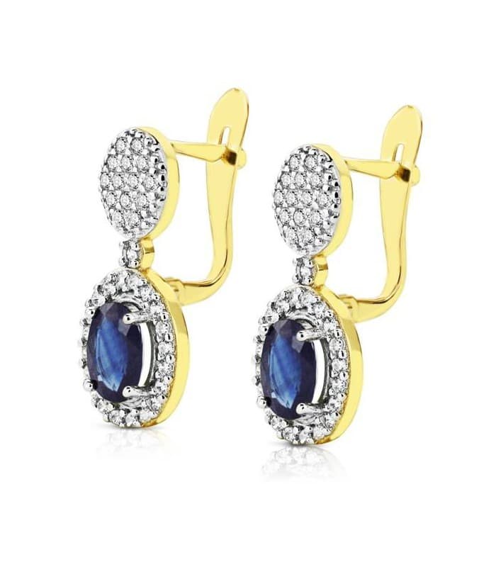 Boucles d'oreilles bicolore Rania saphir 18 Carats, Boucles d'oreilles pendantes en or 18k et pierres précieuses, pour soirée.