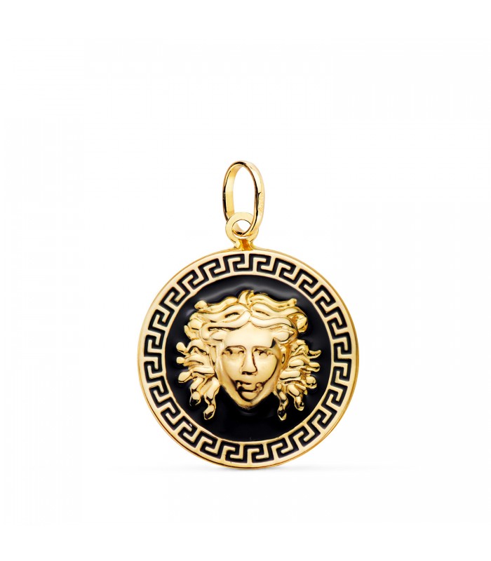 Médaille Méduse Émail Noir 18K 20mm. Pendentifs en or pas cher pour femmes.