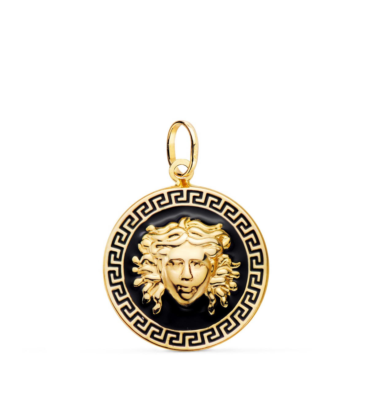 Medalla Medusa Esmalte Negro18K 15mm. Colgantes de oro para mujer.