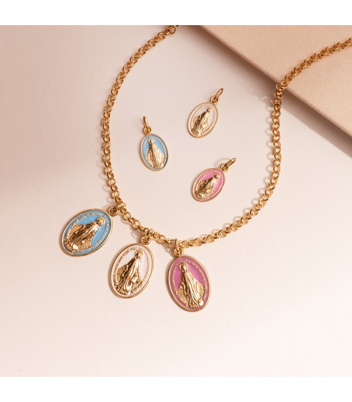 Medalla Milagrosa 18K Esmalte Rosa 20mm. Medallas religiosas, escapulario de oro. Colgantes mujer.
