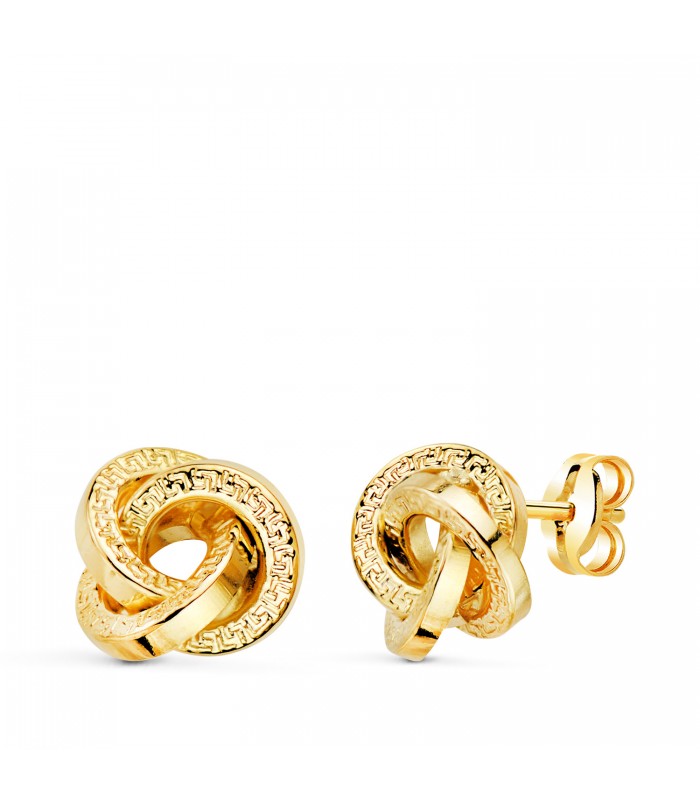 Boucles d'oreilles nœud grecques Or jaune 18 K 9,5 mm, style classique. Bijoux femme, boucle d'oreille en or.