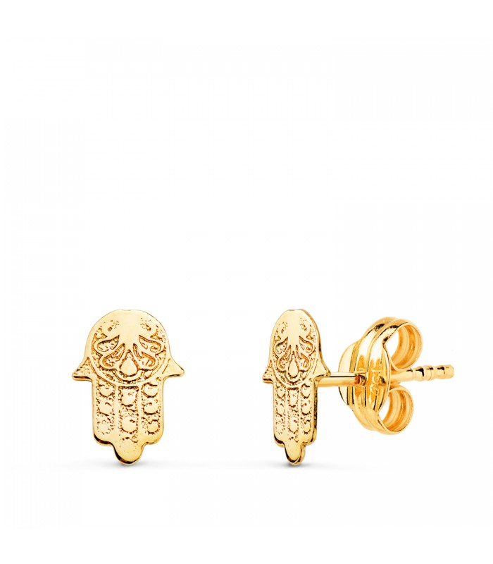 Orecchini Mano di Fatima madreperla in oro giallo 18kt, simbolo Hamsa, portafortuna Donna
