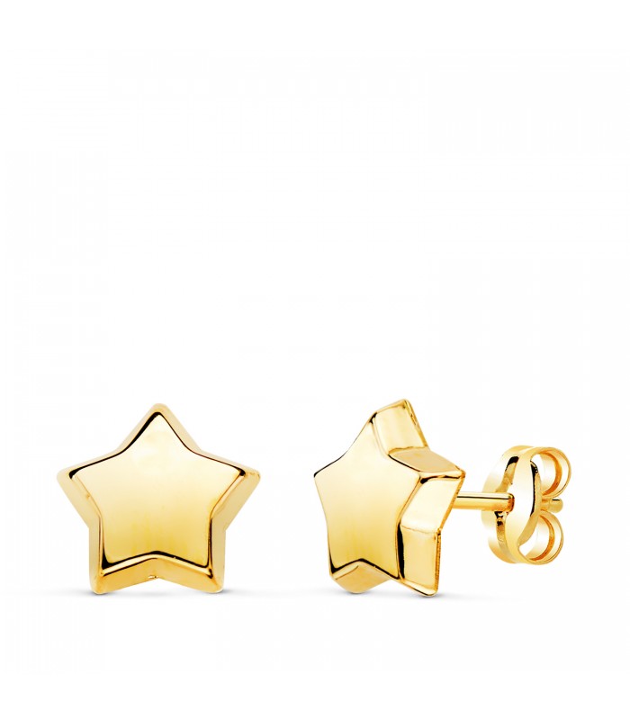Clous d'oreilles Étoile lisse Or 18 K 8 mm. Faciles à porter au quotidien. Puces pour femmes 18K.