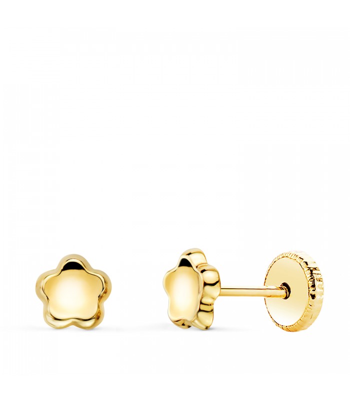 Pendientes de flores Oro 18 K 5 mm. Pendientes para bebé, recién nacida. Estilo clásico atemporal.