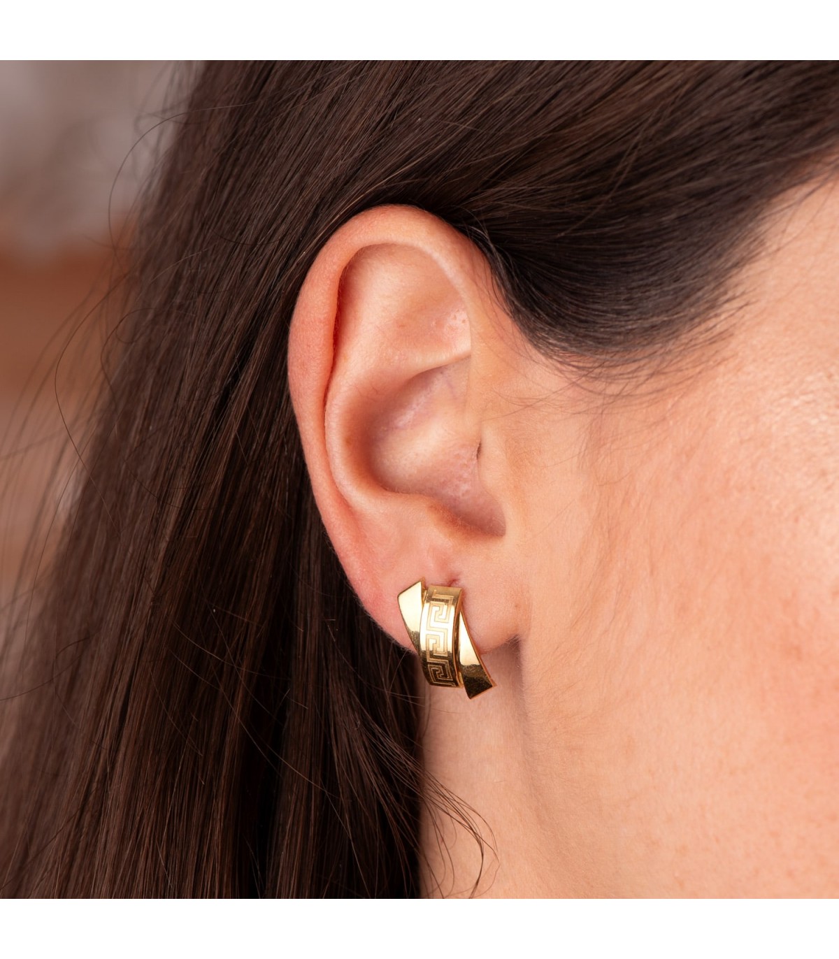 Orecchini donna fantasia in oro giallo 750 - Orecchini a bottone classico con Greca, modello Atene
