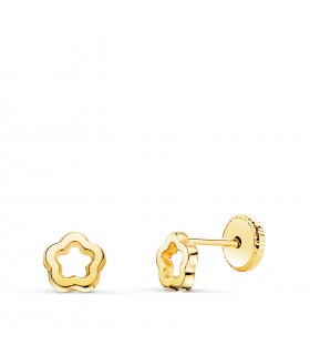 Pendientes Tiana de oro 18 K 5 mm. Diseño flores caladas con cierre de rosca / tuerca. Para recién nacida, bebé o niña.