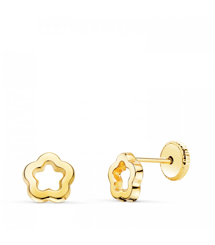 Pendientes Tiana de oro 18 K 6 mm. Diseño flores caladas con cierre de rosca / tuerca. Para recién nacida, bebé o niña.