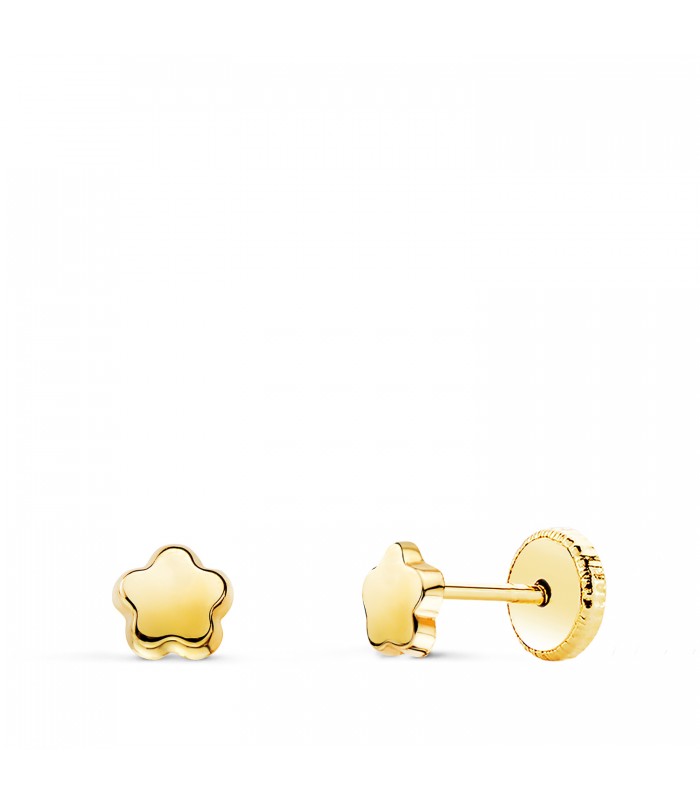 Orecchini Gina in oro 18 carati, 4 mm. Motivo floreale e chiusura a vite. Per neonati, bimba o bambine.