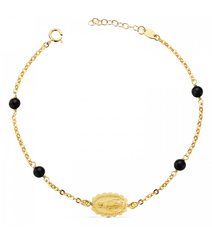 Bracelet médaille Miraculeuse or 18K boules noires. Bracelets pour femmes et filles.