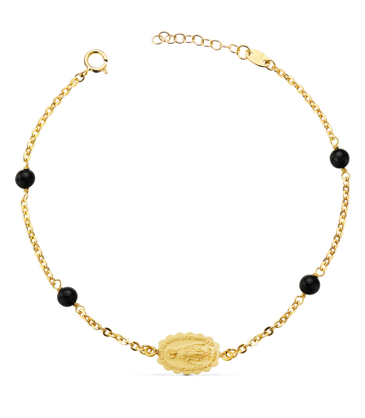 Bracelet médaille Miraculeuse or 18K boules noires. Bracelets pour femmes et filles.