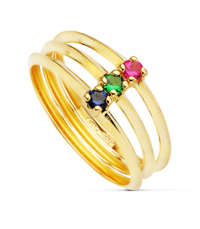 Bague Or jaune 18K Pierres tricolores, bijoux pour femme