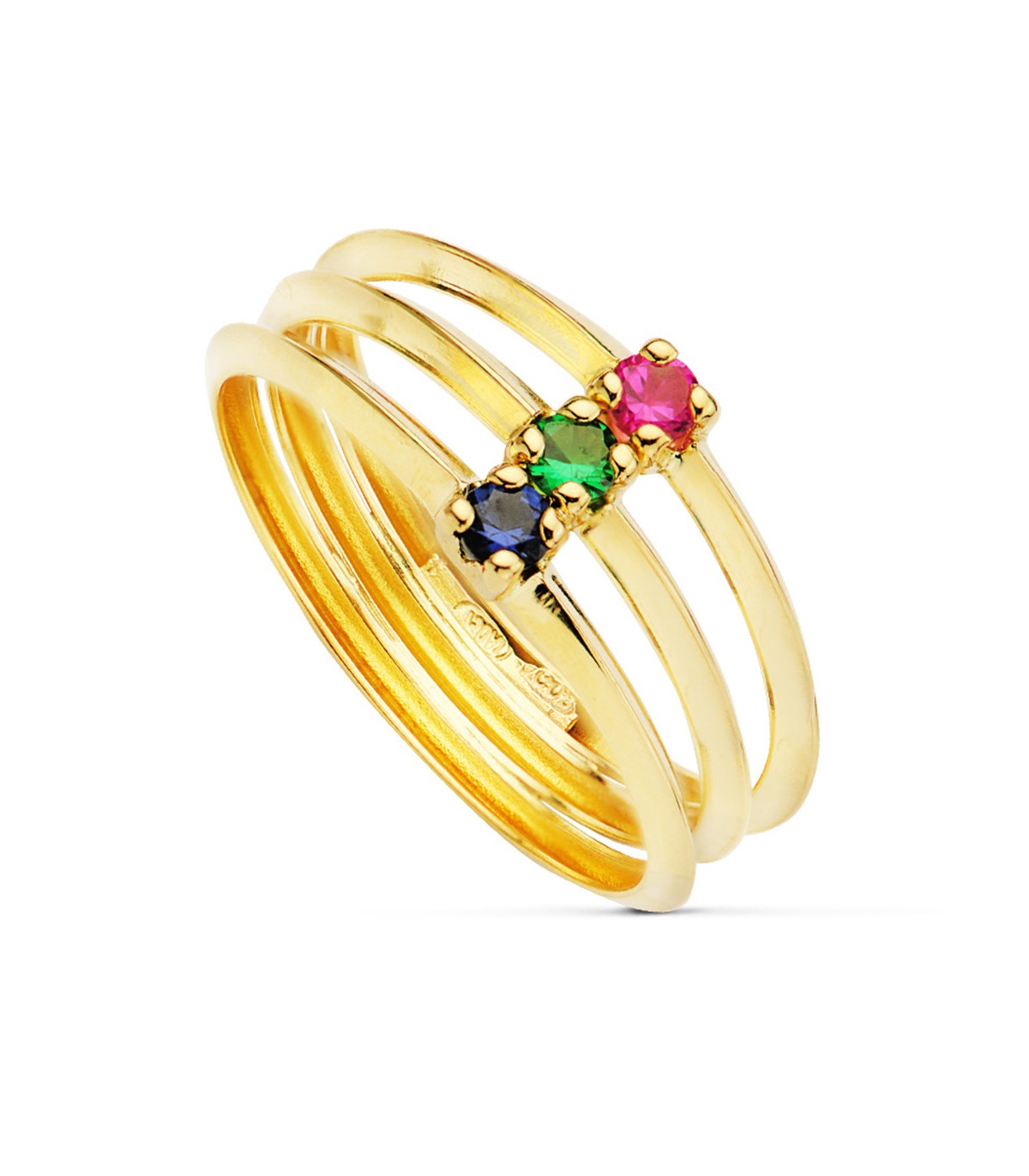 Bague Or jaune 18K Pierres tricolores, bijoux pour femme