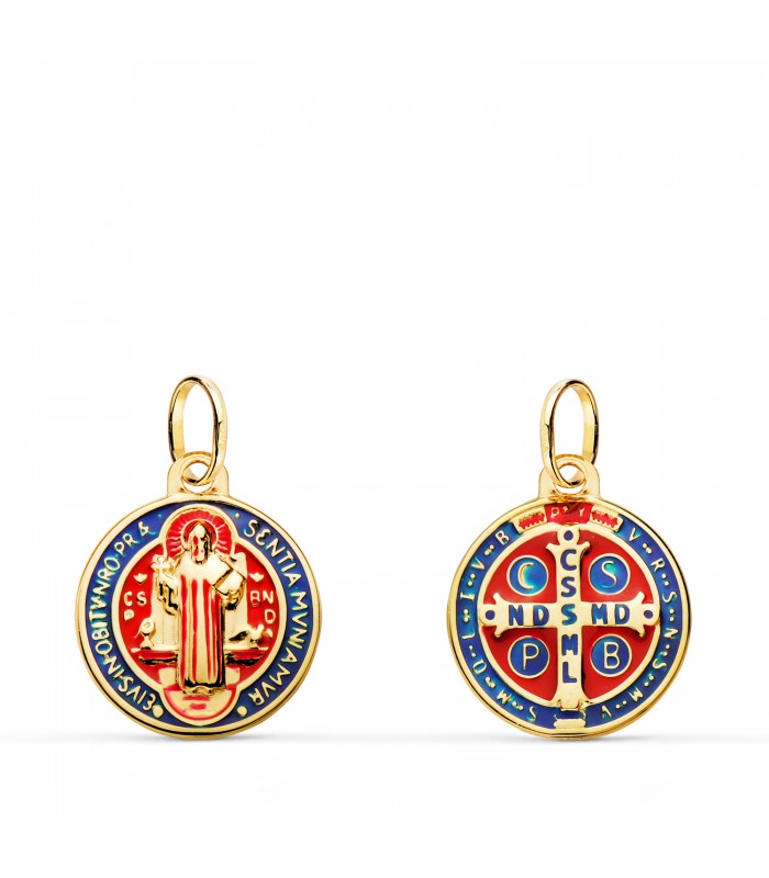 Médaille Laque Saint Benoit Or 18 K 14 mm. Médailles religieuses laquées, émail couleur rouge et bleu.