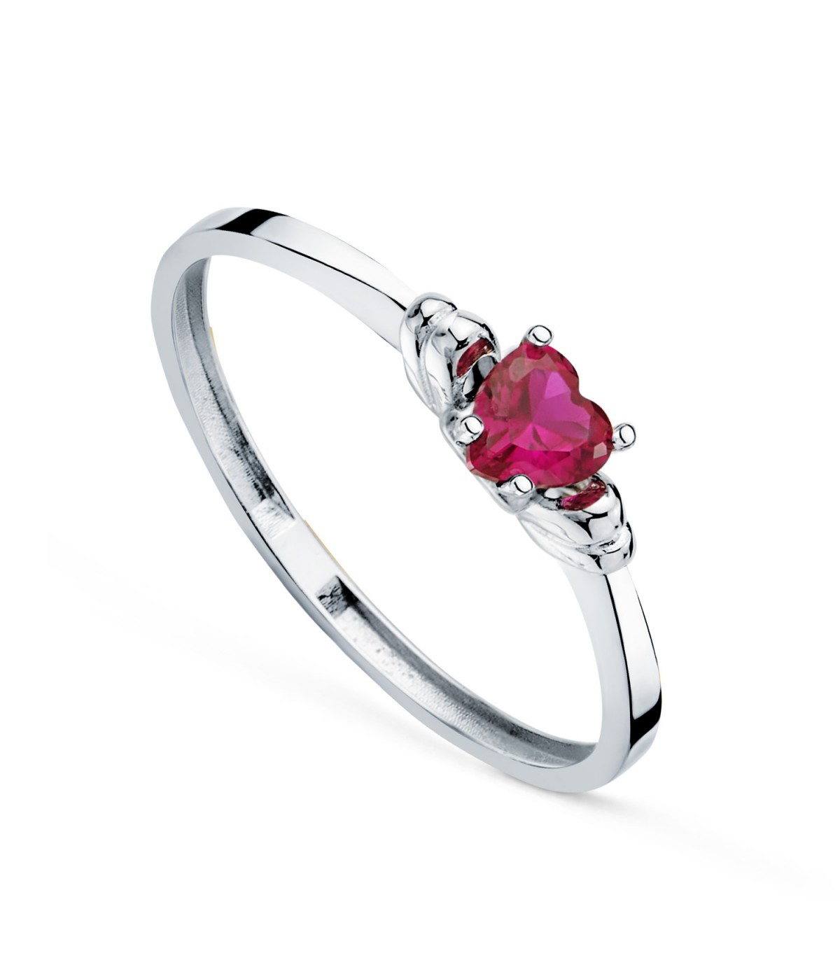 Bague Dafne or blanc Cœur rouge. Bagues pour femmes. Bague de promesse en or.