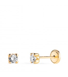 Pendientes Alina 3mm Oro amarillo 18 Kt. Dormilonas bebé circonitas 4 garras. Cierre rosca.