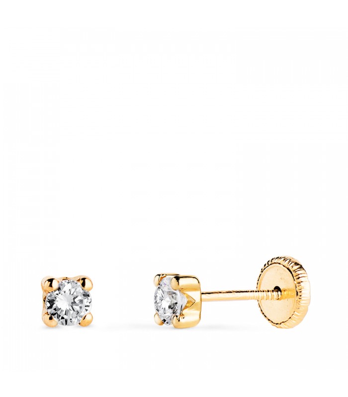 Pendientes Alina 3mm Oro amarillo 18 Kt. Dormilonas bebé circonitas 4 garras. Cierre rosca.