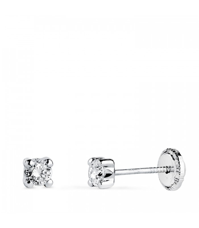 Pendientes Alina 3mm Oro blanco 18 Kt. Dormilonas bebé circonitas 4 garras. Cierre rosca.