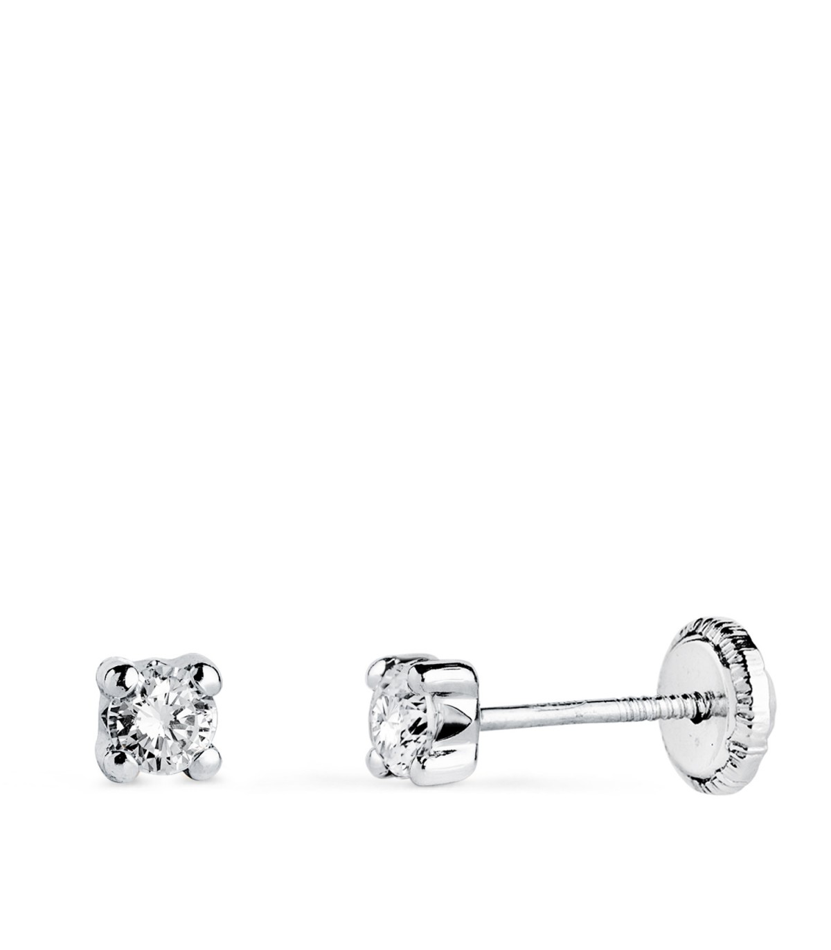 Pendientes Alina 3mm Oro blanco 18 Kt. Dormilonas bebé circonitas 4 garras. Cierre rosca.