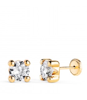 Pendientes Alina 6 mm Oro amarillo 18 Kt. Dormilonas circonitas 4 garras. Cierre rosca. Mujer / niña