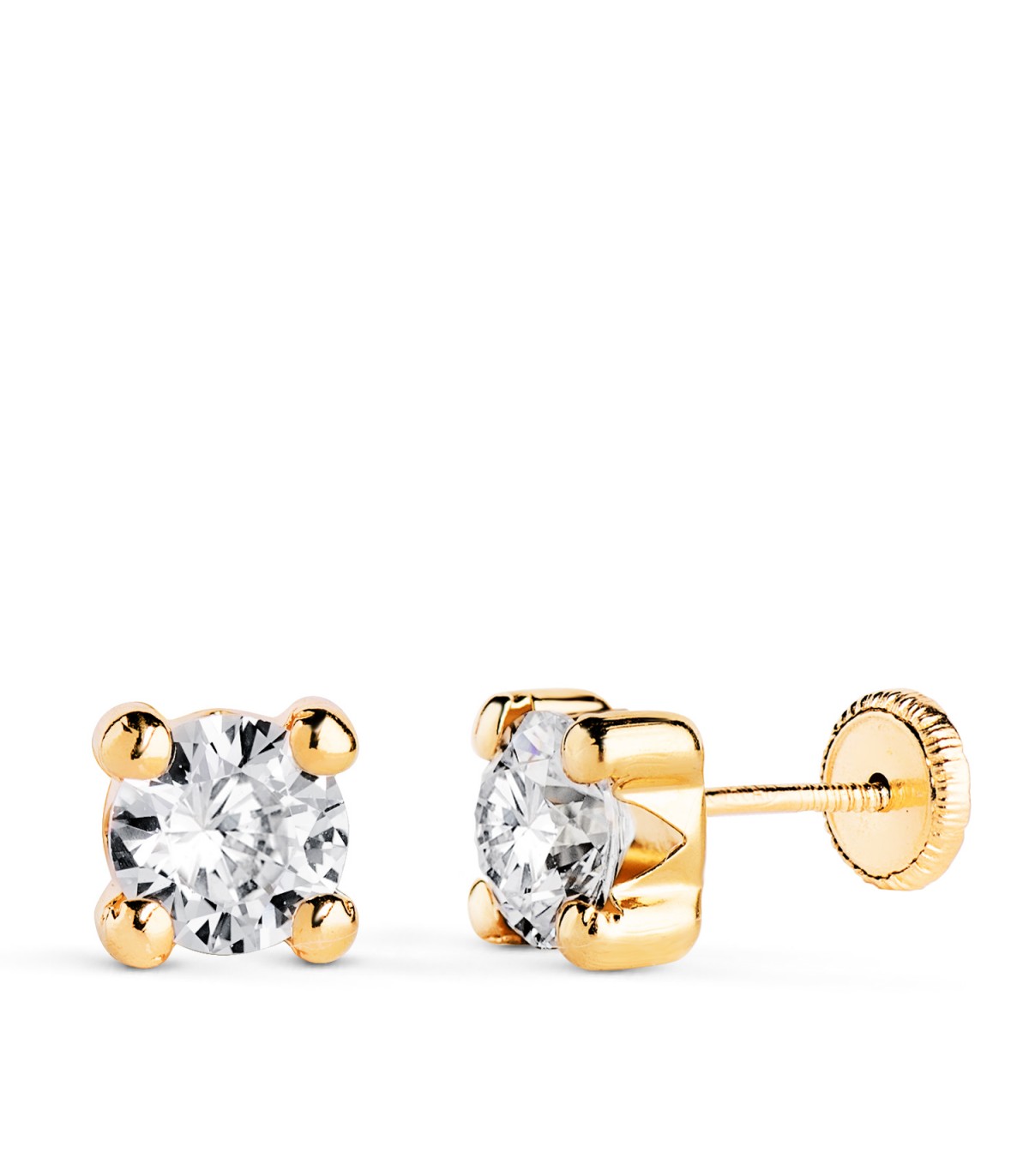 Pendientes Alina 6 mm Oro amarillo 18 Kt. Dormilonas circonitas 4 garras. Cierre rosca. Mujer / niña