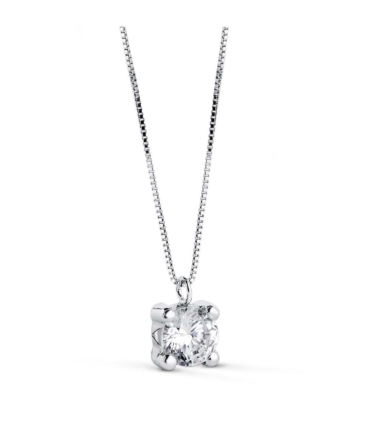 Solitär-Halskette mit Zirkonia - Collier Solitaire mit venezianischer Kette 42 cm - Weißgold 18 Karat
