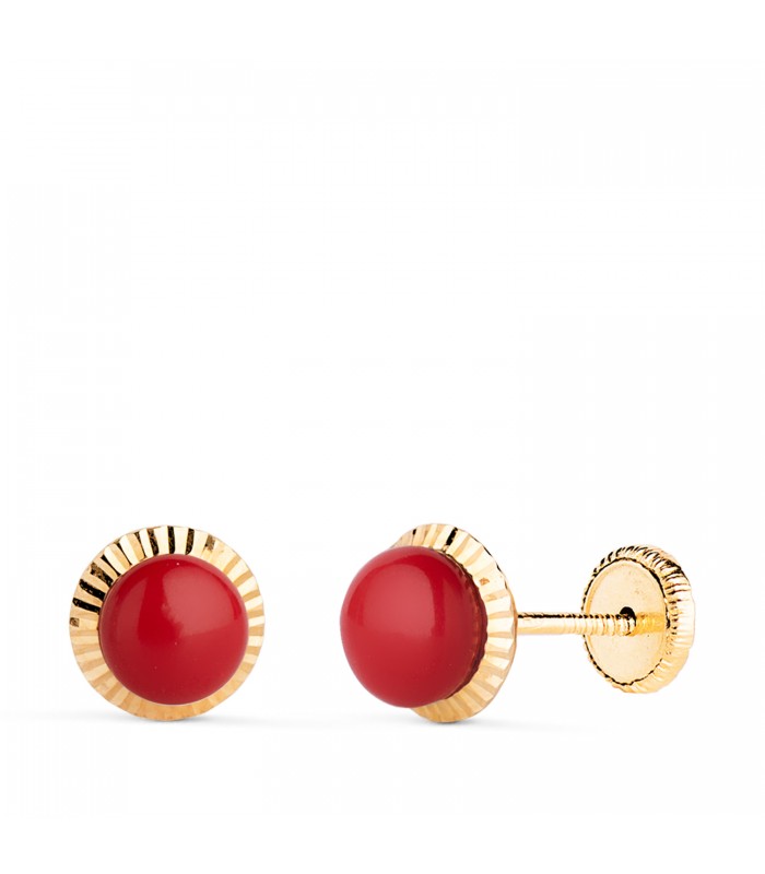 Pendientes bola coral Anabela 7 mm 18 K. Pendientes recién nacida, pendientes de niña.