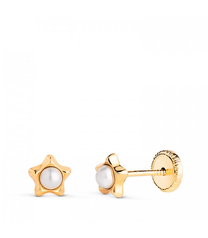 Pendientes 18K Fiona estrella perla 5mm. Pendientes recién nacida, pendientes de niña.