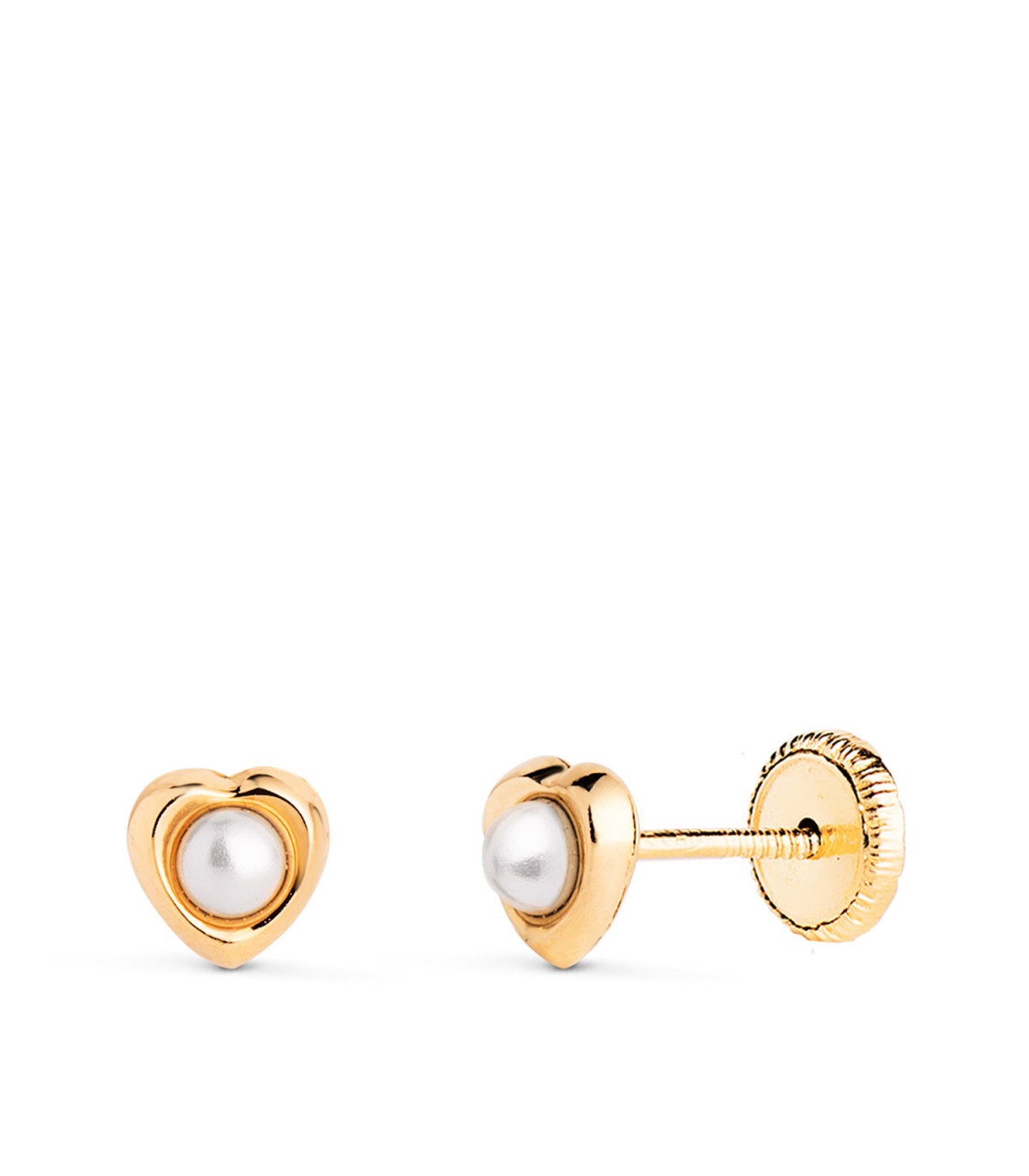 Pendientes 18K Fiona corazón perla 5mm. Pendientes recién nacida, pendientes de niña.