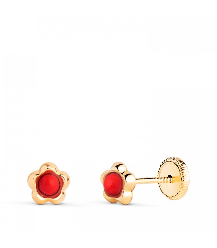 Pendientes 18K Fiona flor coral 5mm. Pendientes recién nacida, pendientes de niña.