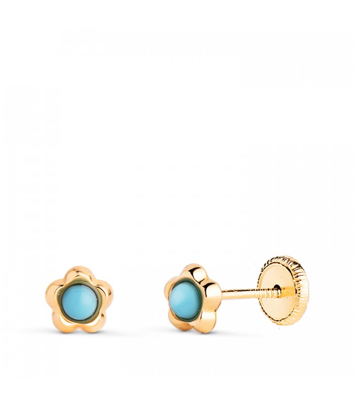 Pendientes 18K Fiona flor turquesa 5mm. Pendientes recién nacida, pendientes de niña.