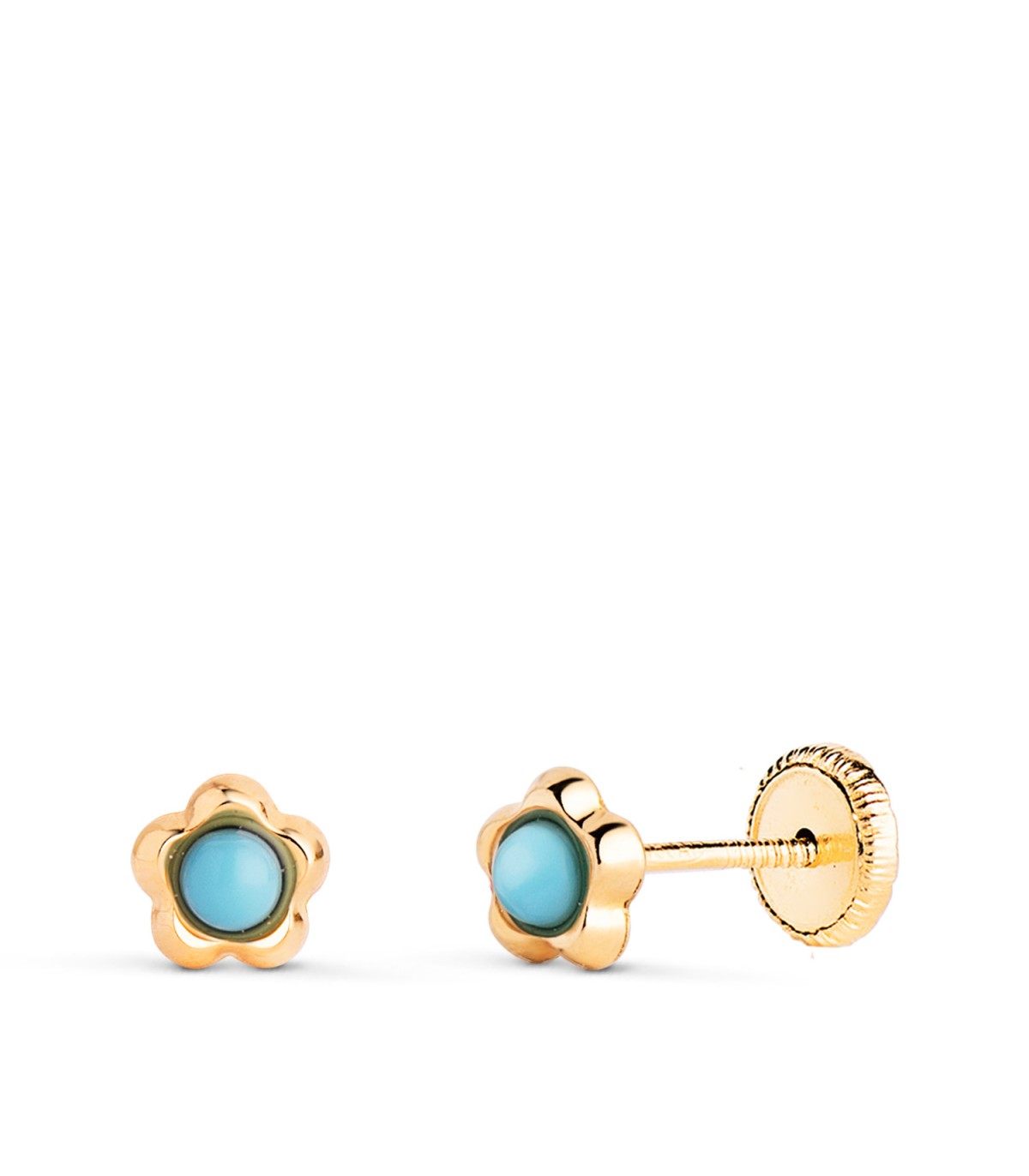 Pendientes 18K Fiona flor turquesa 5mm. Pendientes recién nacida, pendientes de niña.