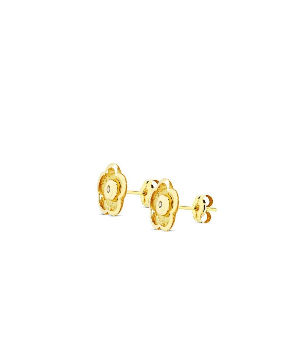 Orecchini a bottone fiore con zirconi e superficie satinata, 8 mm. - Bronte