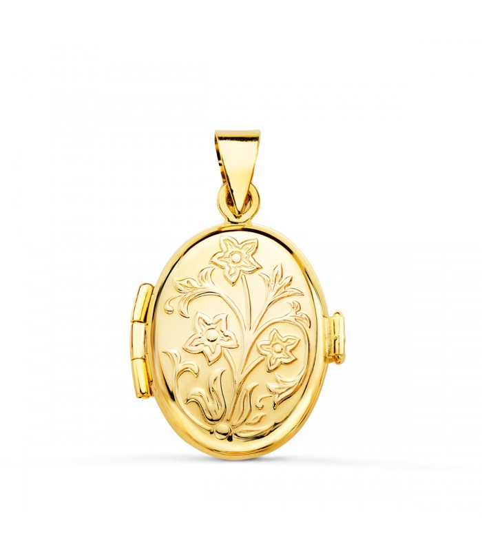 Pendentif Porte Photos Ovale floral Or Jaune 18 K 18 MM