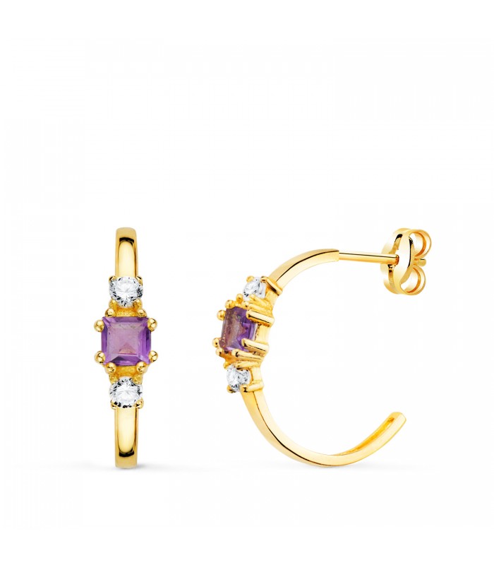 Boucles d'oreilles créoles Paradise Or 18K améthyste. Boucles d'oreilles femme, arceaux ouverts. Pierres semi-précieuses.
