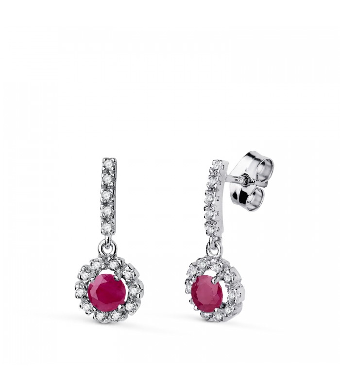 Orecchini rubino in Oro bianco 18kt - Rosetta, motivo tondo pavè | Orecchini pendenti da donna e matrimonio.