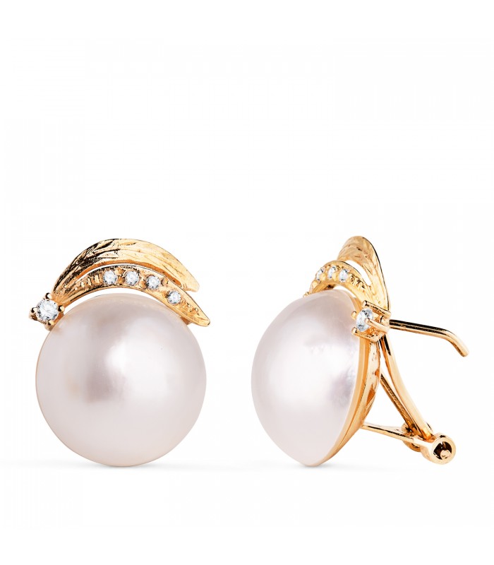 Pendientes Gen Perlas de Mabe Oro 18 Kilates. Perla cultivada 15 - 16 MM. Joyas para mujer, estilo antiguo retro.