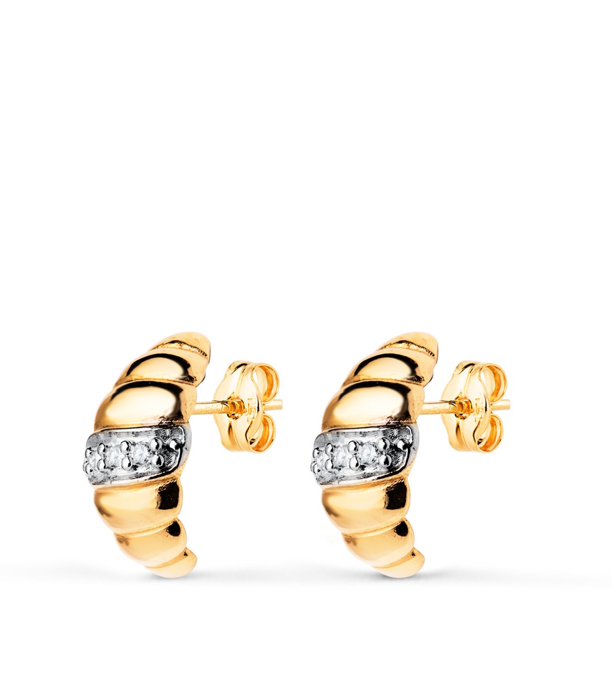 Boucles d'oreilles Croissant Or bicolore 18K. Bijoux d'oreilles modernes pour femme.