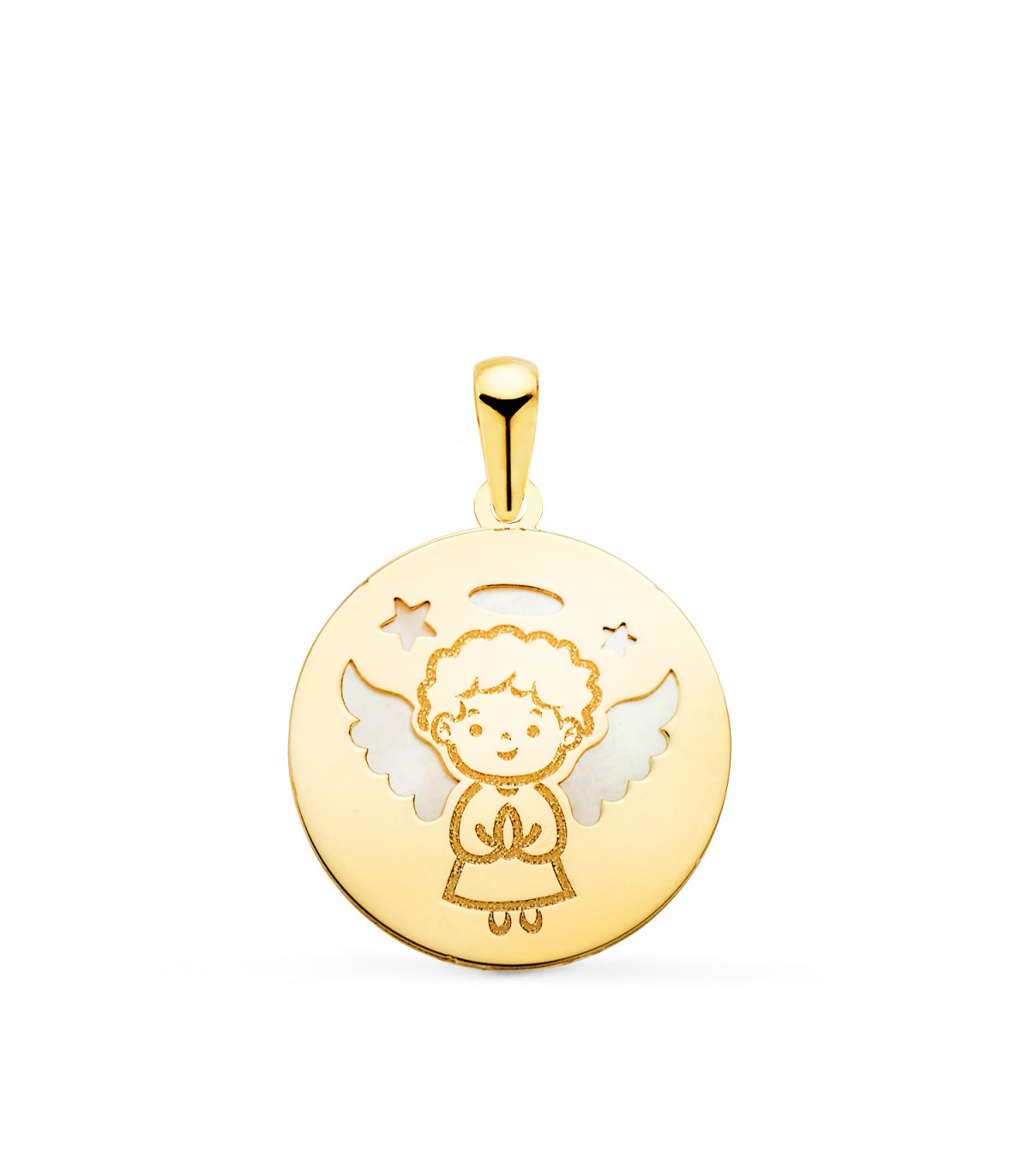 Colgante Ángel Oro amarillo 18K nácar. Regalos para bautizo bebé. Medallas religiosas.