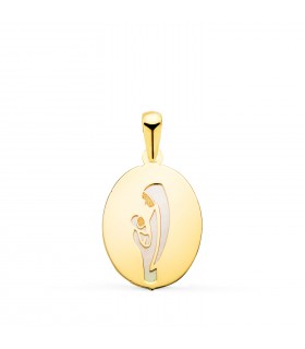 Médaille baptême Vierge à l'enfant Or 18 K nacre. Pendentif naissance bébé
